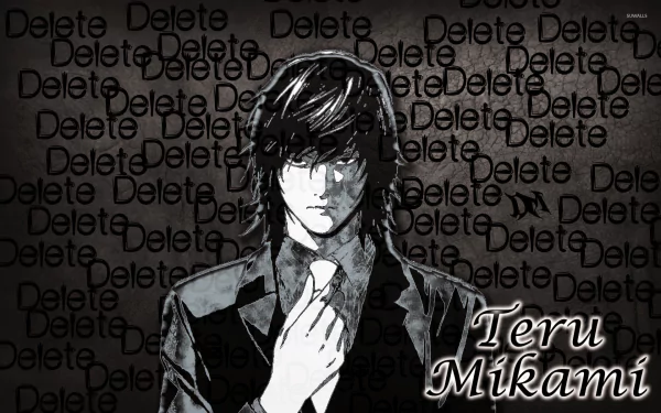 HD desktop wallpaper featuring Teru Mikami from the anime Death Note, with a dark background covered in the word Delete.