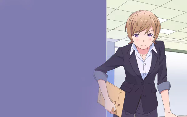 HD PC desktop wallpaper featuring Kagurazaka Ayame from the anime EroManga-Sensei, depicted in a professional outfit holding a folder in an office setting.