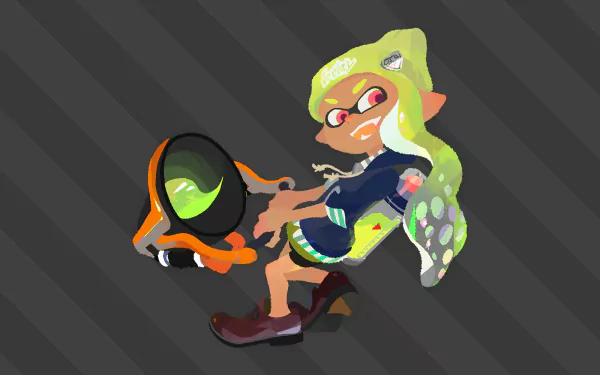 HD wallpaper of an Inkling from Splatoon 2, holding a weapon against a striped background. This image is tagged with Inkling (Splatoon), video game, and Splatoon 2.