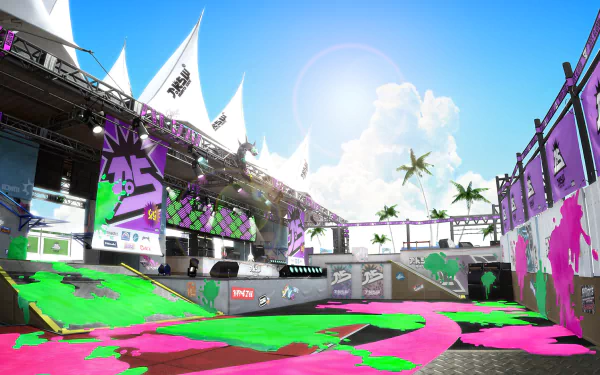 HD PC desktop wallpaper featuring a vibrant Splatoon 2 video game arena with colorful ink splatters and dynamic urban scenery under a bright blue sky.