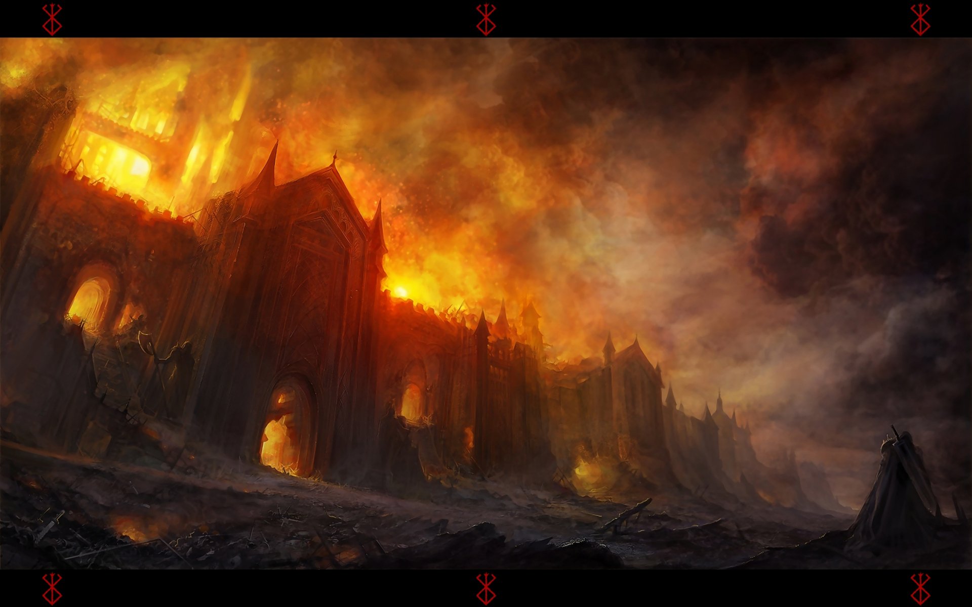 A dramatic fantasy scene features a fierce warrior standing before a blazing castle engulfed in fire, capturing the essence of epic battles in a dark, mystical world.
