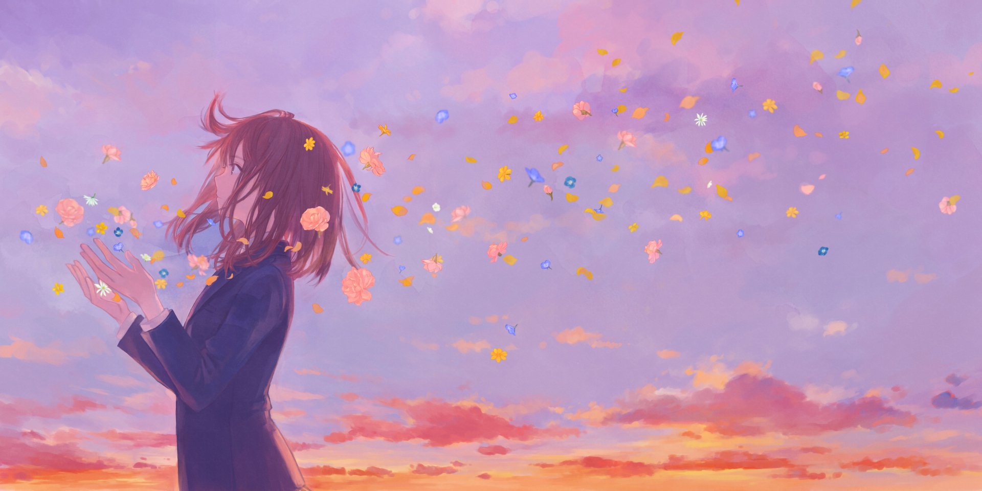 A beautiful anime-style HD desktop wallpaper featuring an original artwork of a girl with flowers in her hair against a serene sunset sky.