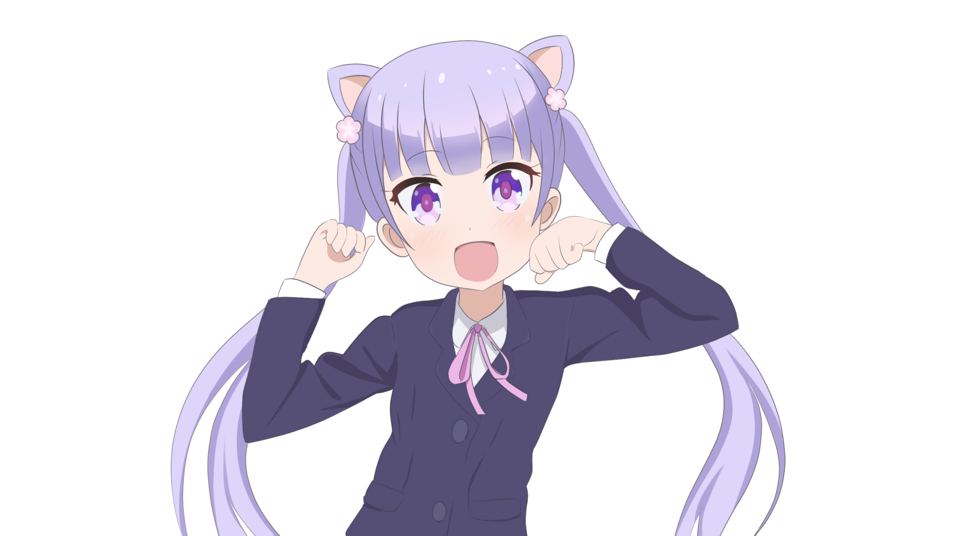 Aoba Suzukaze (New Game!) anime character with cat ears and purple twin-tails, cheerful pose in navy uniform — 2K Quad HD PC desktop wallpaper/background.