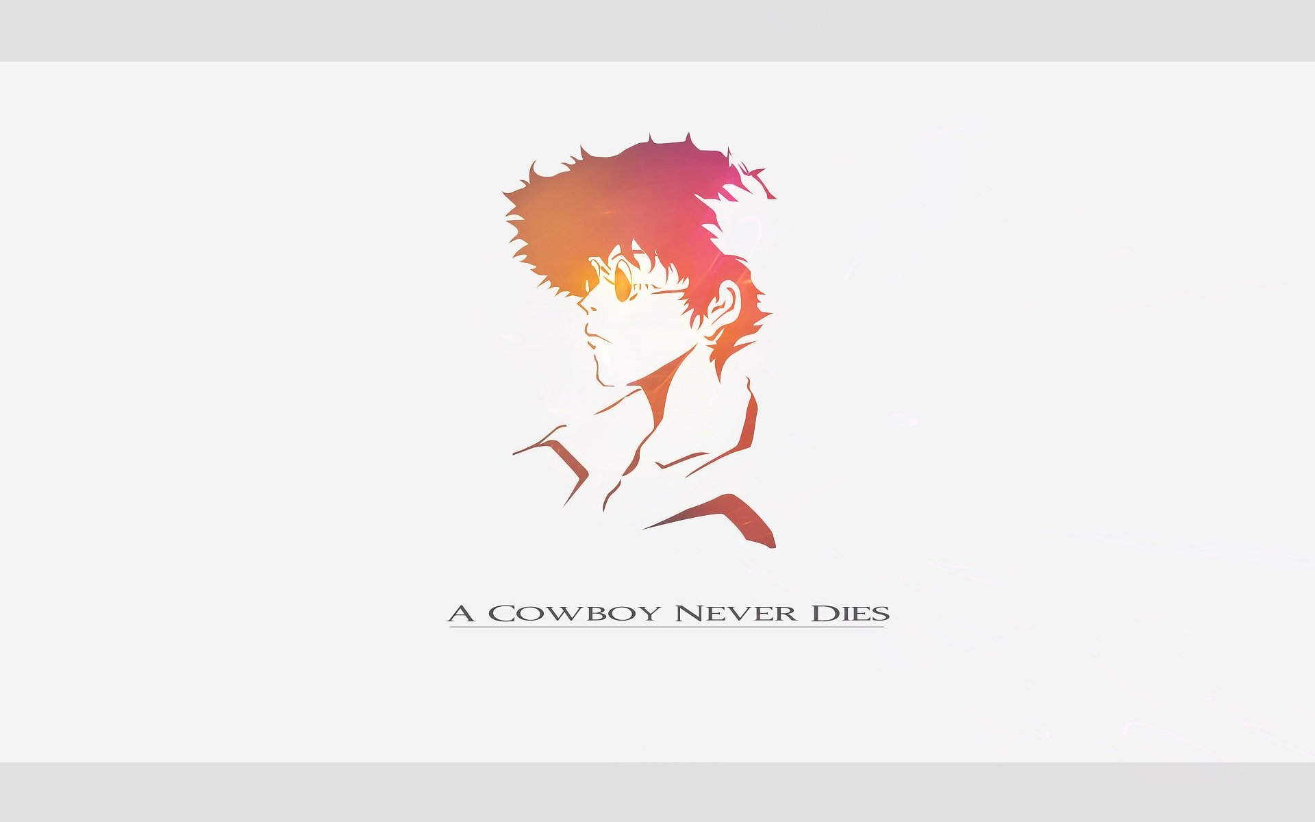 An artistic HD wallpaper featuring Spike Spiegel from the anime Cowboy Bebop, highlighting the quote A cowboy never dies in a minimalist design.