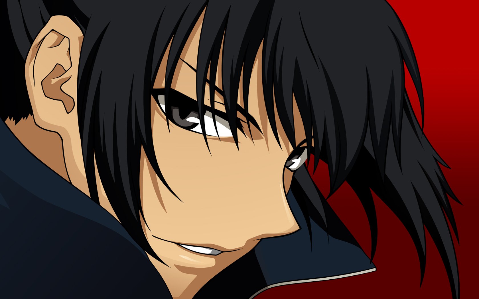 Anime HD PC desktop wallpaper: close-up of Canaan — dark-haired woman with an intense gaze against a red background.