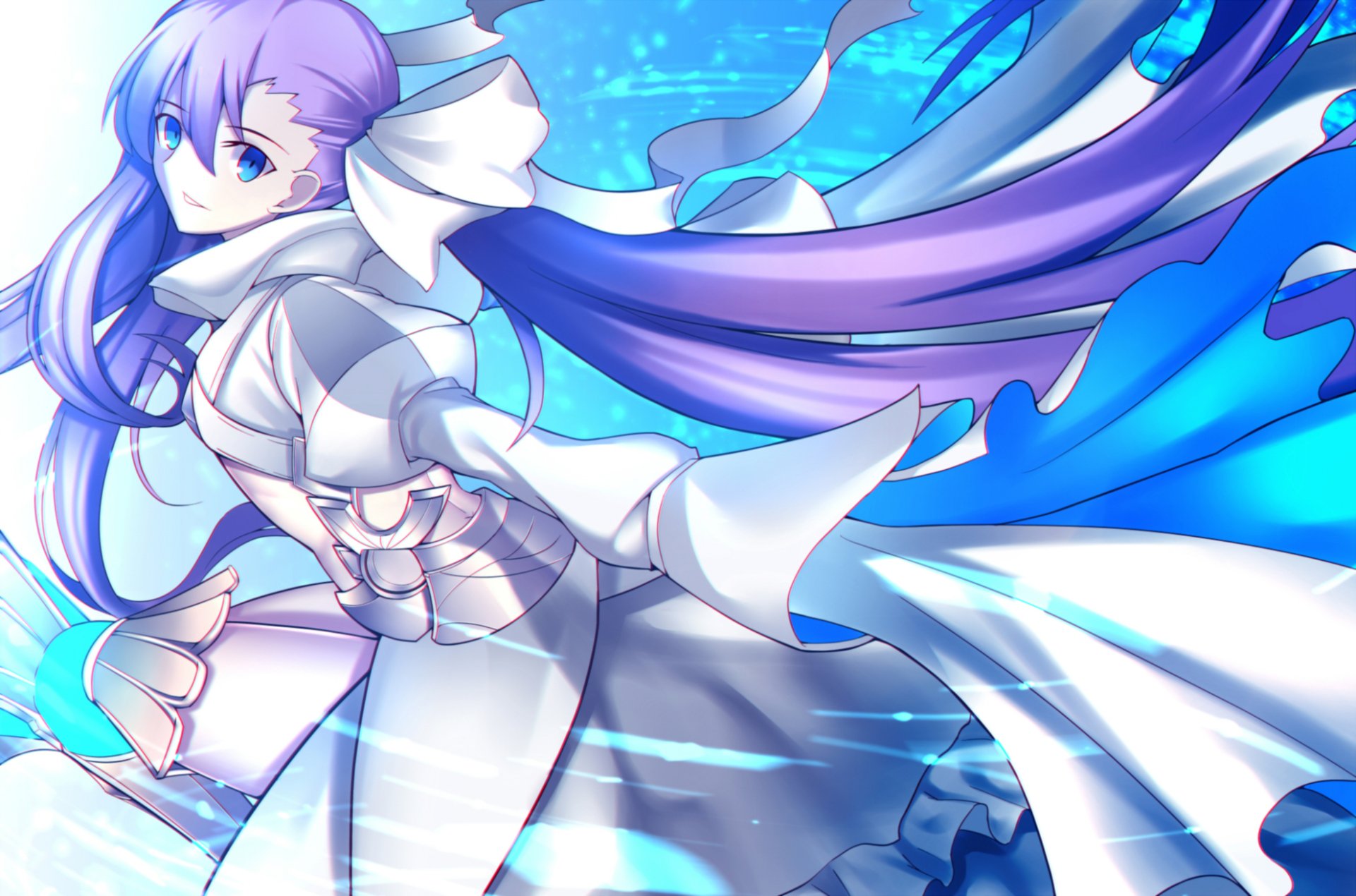 Meltlilith (Fate Series) from Fate/Extra CCC — anime HD PC desktop wallpaper of her in flowing white armor and long purple hair, striking a dynamic pose against glowing blue waters.