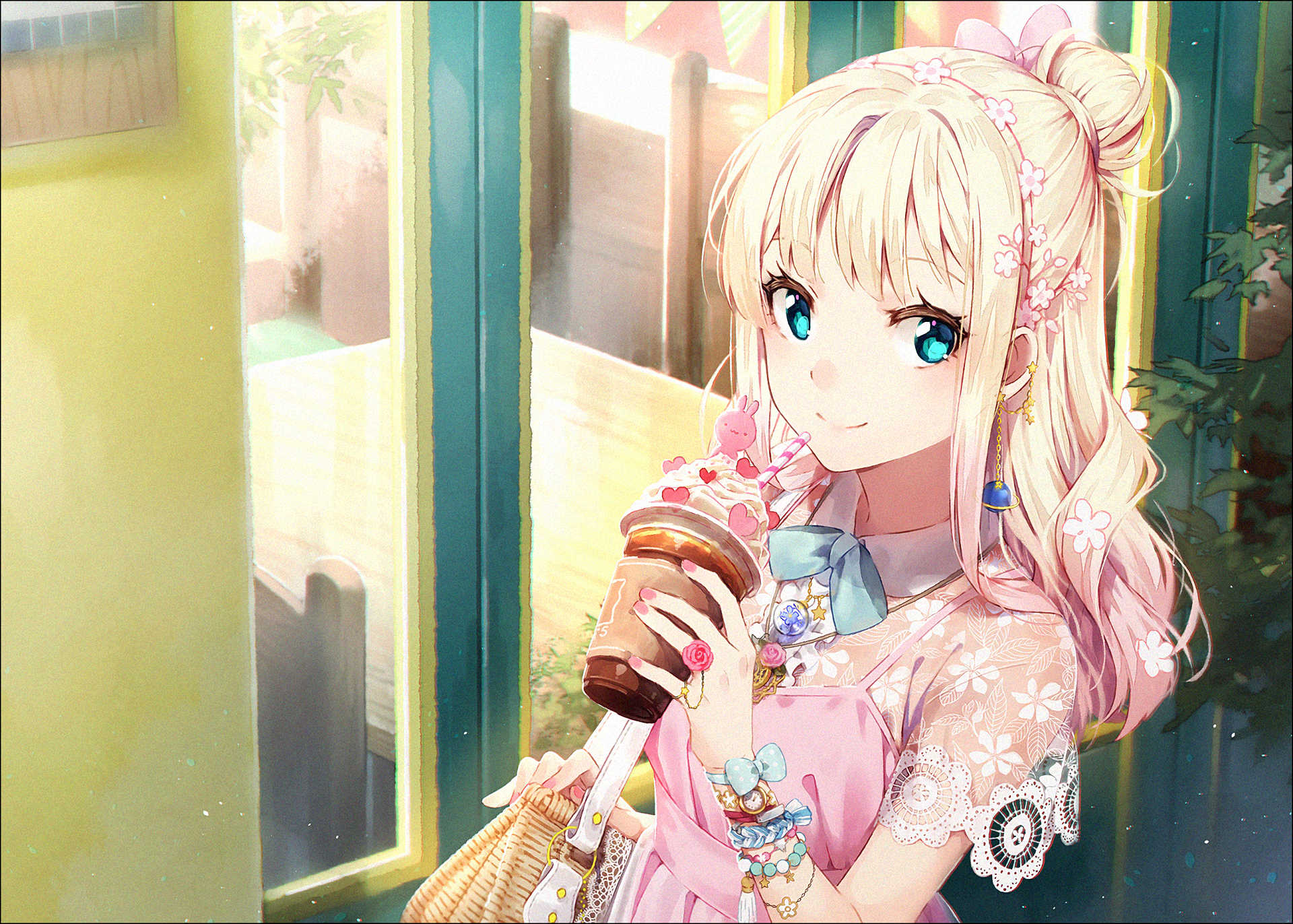 HD desktop wallpaper of an original anime character with blonde hair and blue eyes, holding a drink. She is adorned with floral accessories and is standing by a window with a warm glow.