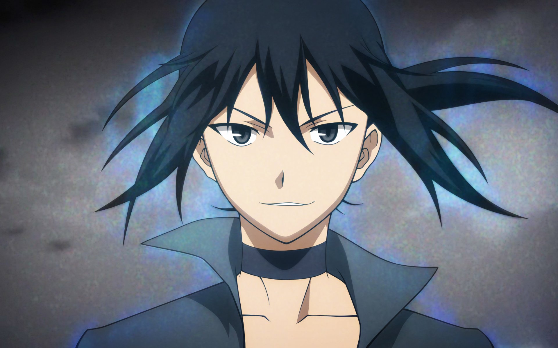 Canaan (anime) with windswept black hair and choker, confident smirk in a cute stylized portrait — 2K Quad HD PC desktop wallpaper/background.