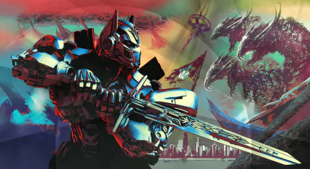 HD desktop wallpaper featuring Optimus Prime from Transformers: The Last Knight, wielding a sword with a vibrant and dynamic background.