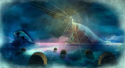 Movie HD PC desktop wallpaper background: Song of the Sea — glowing beacon atop a rocky island, moonlit sea dotted with rounded stones, and an ethereal blue-green sky.