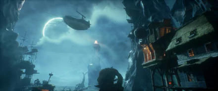 HD PC desktop wallpaper from the video game Styx: Shards of Darkness, featuring a moonlit night sky with an airship and silhouetted structures.