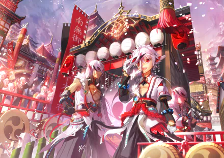 HD PC desktop wallpaper from the video game Elsword featuring vibrant characters in a colorful, festive setting with traditional Japanese lanterns and architecture.