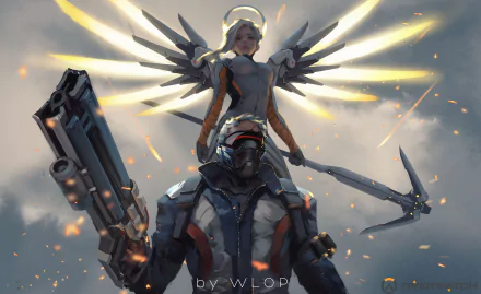 A high-definition Overwatch wallpaper featuring Soldier: 76 and Mercy with dynamic lighting and an intense backdrop, tagged as Soldier: 76 (Overwatch), Mercy (Overwatch), video game, Overwatch.
