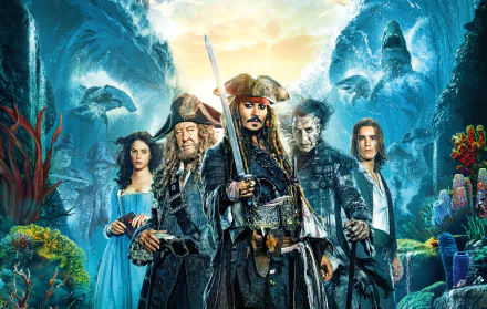 HD wallpaper from Pirates of the Caribbean: Dead Men Tell No Tales featuring characters Kaya Scodelario, Johnny Depp as Jack Sparrow, Javier Bardem as Captain Salazar, Geoffrey Rush, and Brenton Thwaites.