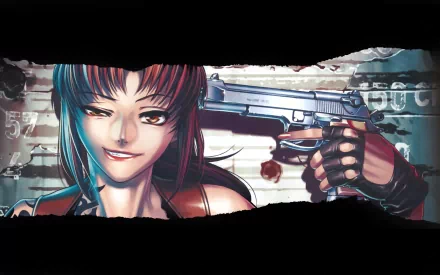 HD wallpaper featuring Revy from Black Lagoon, wielding a gun with a confident smile. An eye-catching background for fans of black anime and the Black Lagoon series.