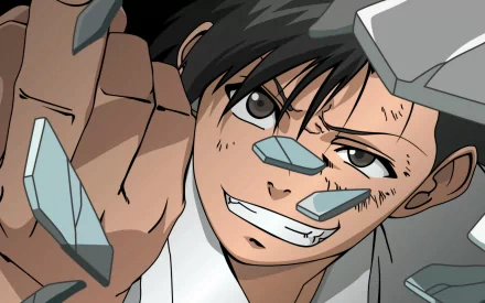 HD anime desktop wallpaper featuring Rokuro Okajima from Black Lagoon with shards of glass flying around his determined expression.