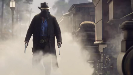 HD desktop wallpaper featuring Arthur Morgan from the video game Red Dead Redemption 2, walking through smoke with a train and buildings in the background.