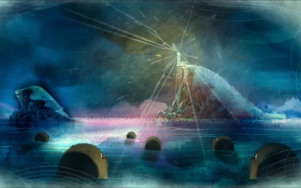 Movie HD PC desktop wallpaper background: Song of the Sea — glowing beacon atop a rocky island, moonlit sea dotted with rounded stones, and an ethereal blue-green sky.