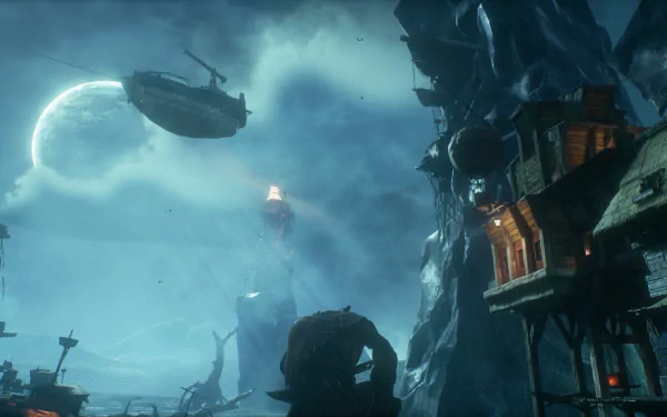 HD PC desktop wallpaper from the video game Styx: Shards of Darkness, featuring a moonlit night sky with an airship and silhouetted structures.