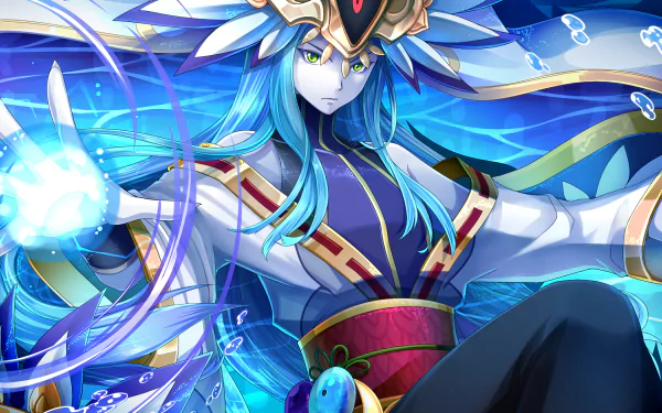 Anime Puzzle & Dragons HD PC desktop wallpaper/background: blue-haired, crown-wearing aquatic mage in ornate robes conjuring a glowing orb amid swirling water and bubbles.