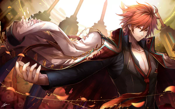 Red-haired warrior in flowing coat strikes a dramatic pose amid fiery ruins and glowing particles — Crash Fever video game HD PC desktop wallpaper/background.