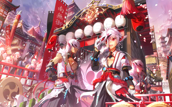 HD PC desktop wallpaper from the video game Elsword featuring vibrant characters in a colorful, festive setting with traditional Japanese lanterns and architecture.