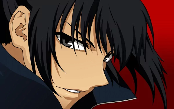 Anime HD PC desktop wallpaper: close-up of Canaan — dark-haired woman with an intense gaze against a red background.