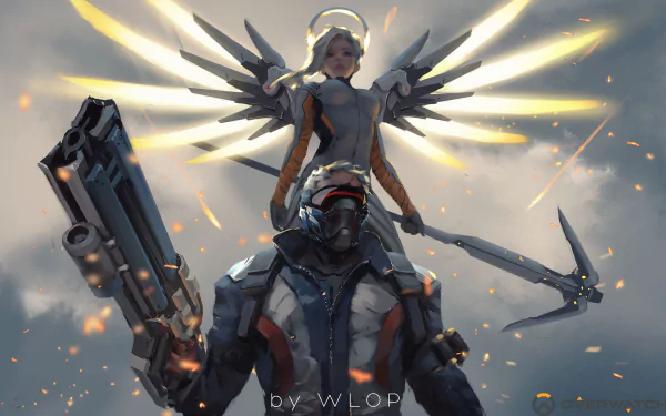 A high-definition Overwatch wallpaper featuring Soldier: 76 and Mercy with dynamic lighting and an intense backdrop, tagged as Soldier: 76 (Overwatch), Mercy (Overwatch), video game, Overwatch.