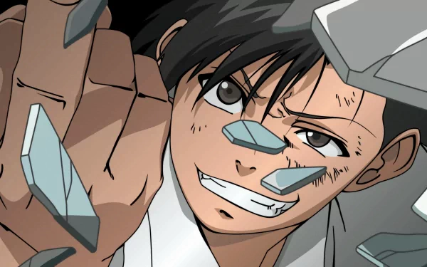 HD anime desktop wallpaper featuring Rokuro Okajima from Black Lagoon with shards of glass flying around his determined expression.
