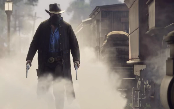 HD desktop wallpaper featuring Arthur Morgan from the video game Red Dead Redemption 2, walking through smoke with a train and buildings in the background.