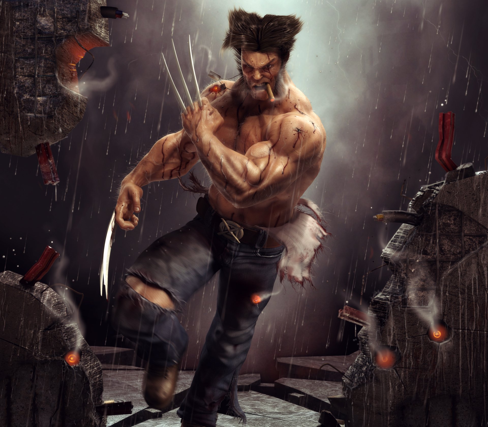 HD desktop wallpaper and background featuring Logan James Howlett, also known as Wolverine from X-Men, depicted in a dramatic, rain-soaked scene showcasing his iconic claws and fierce expression.