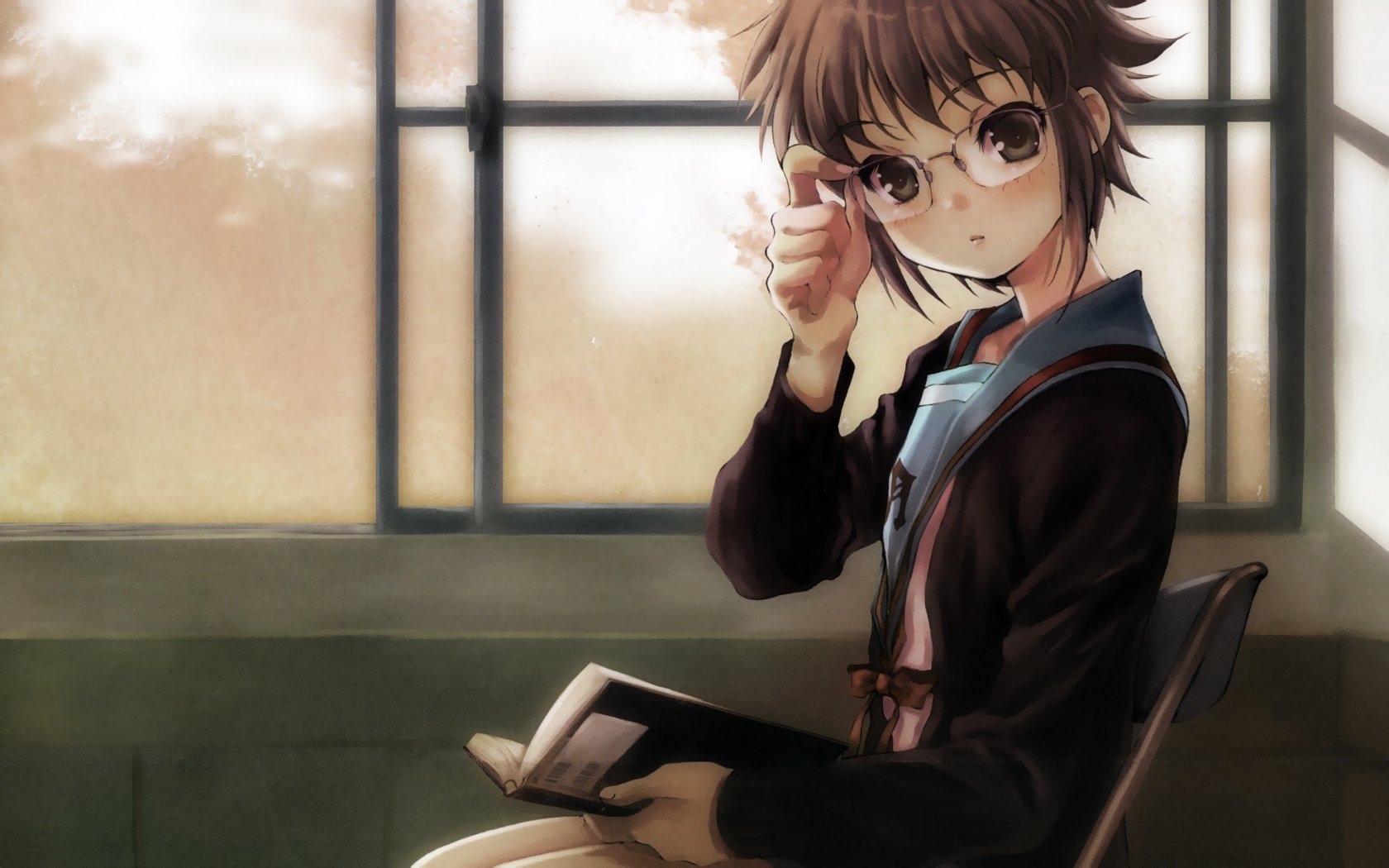 Yuki Nagato from *The Melancholy of Haruhi Suzumiya* sits thoughtfully with a book, gazing out a window, captured in a serene HD desktop wallpaper.