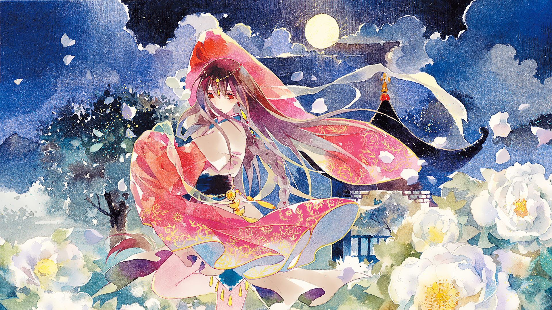 Yuezheng Ling (Vocaloid) in a flowing red kimono, ribbons and petals swirling under a full moon with peonies and a temple silhouette — HD anime PC desktop wallpaper/background.