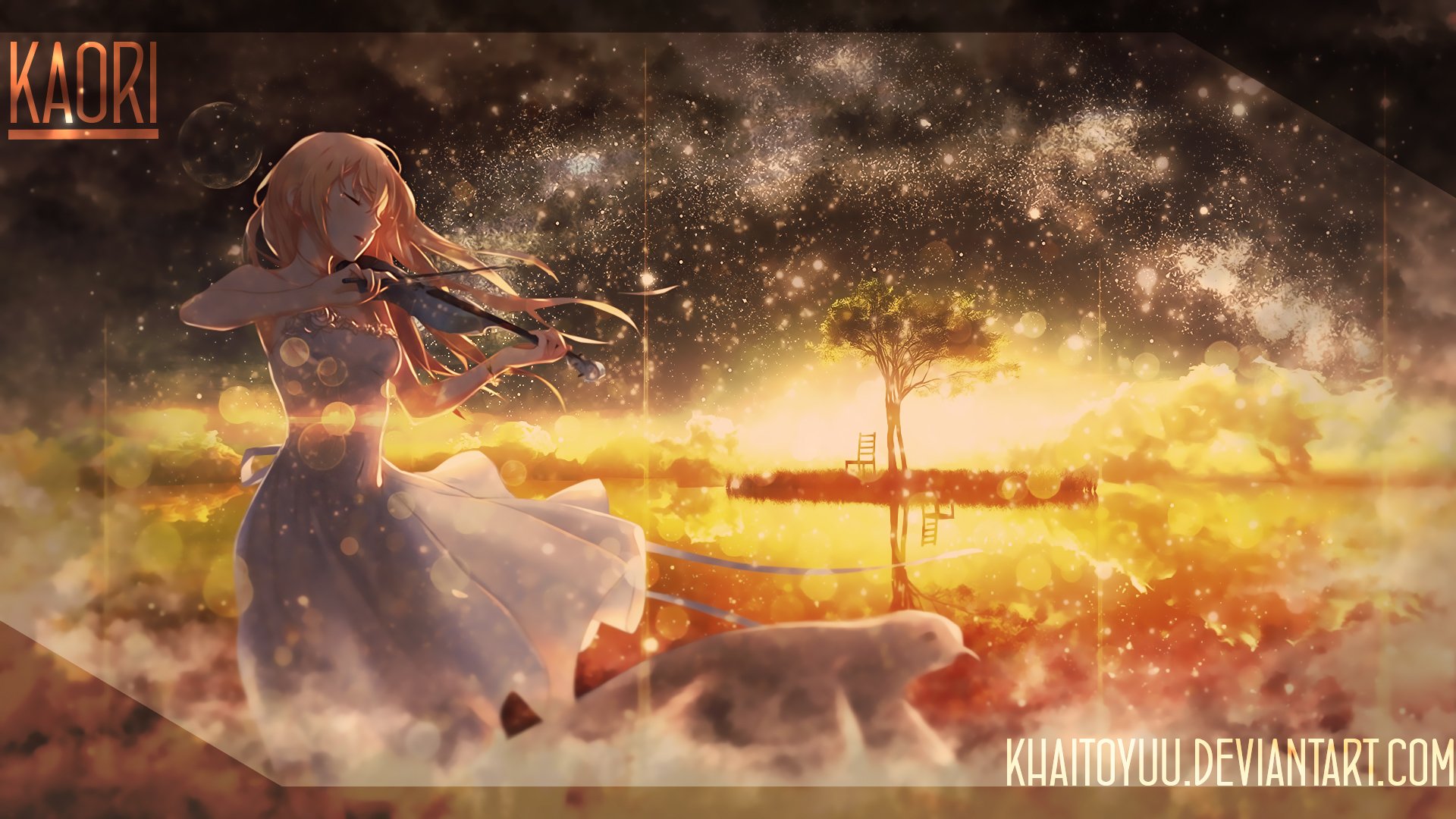 HD desktop wallpaper featuring Kaori Miyazono, a character from the anime Your Lie in April, with a dreamy background of stars and a glowing sunset. Artwork by khaitoyuu.deviantart.