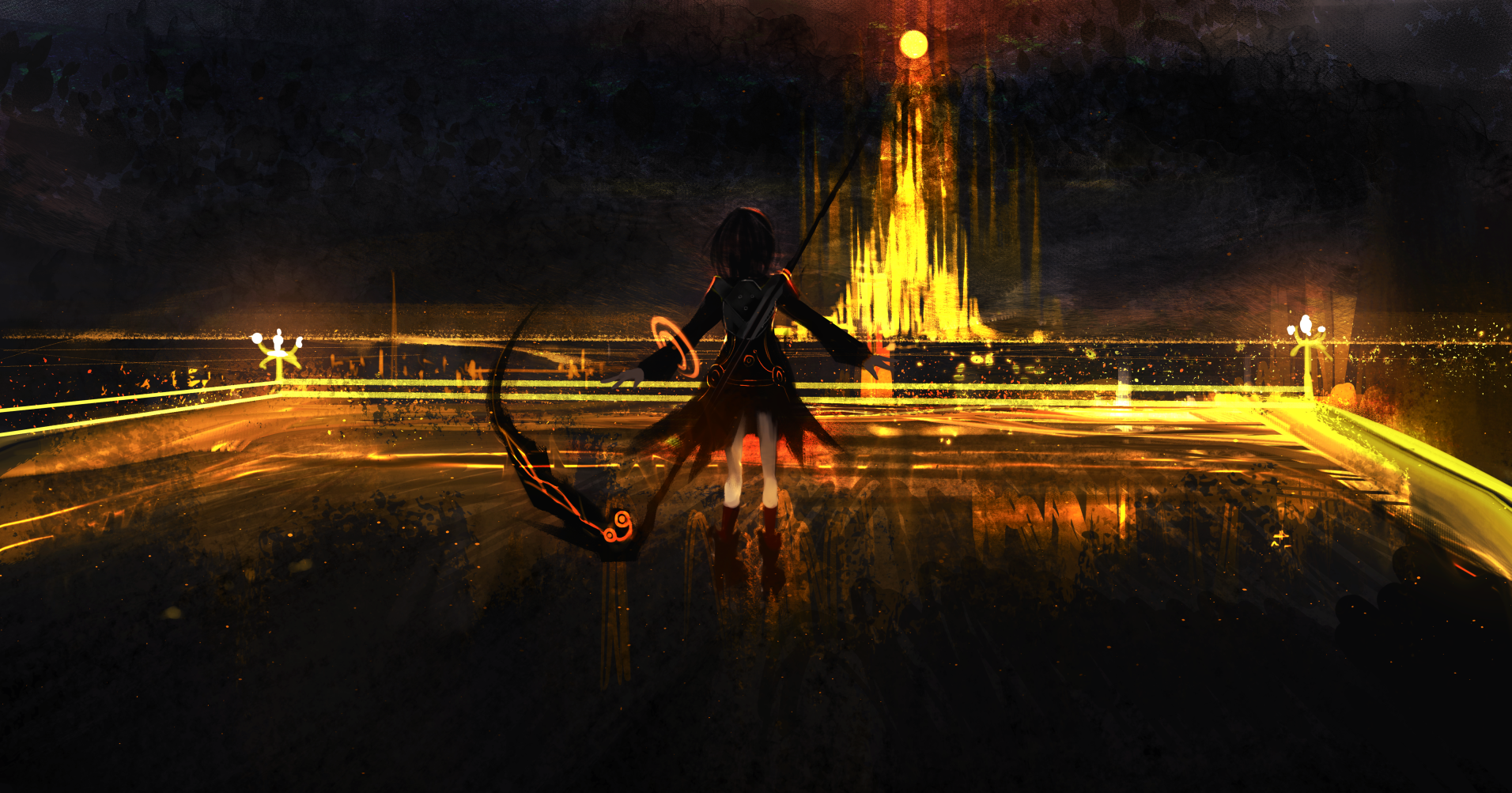 A captivating HD anime wallpaper featuring an original character standing on a glowing platform with a radiant cityscape in the background.