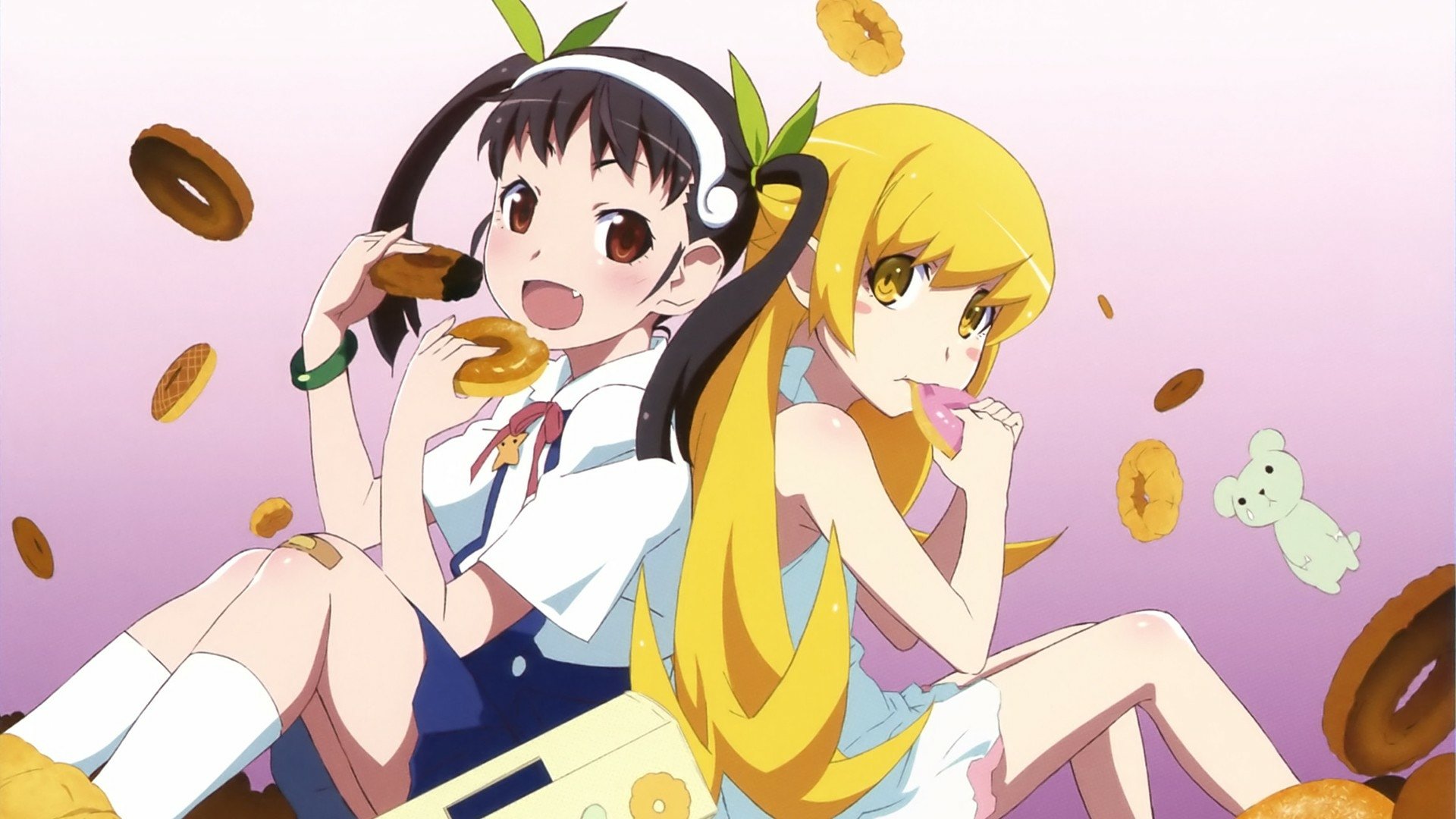 HD PC desktop wallpaper featuring Shinobu Oshino and Mayoi Hachikuji from the Monogatari anime series with a playful background and floating donuts.