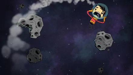HD desktop wallpaper from Oxygen Not Included with a cartoon astronaut floating among asteroids against a starry space backdrop.