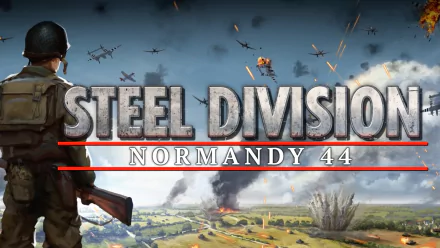 HD desktop wallpaper of Steel Division: Normandy 44 featuring a soldier observing a battlefield with planes and explosions.