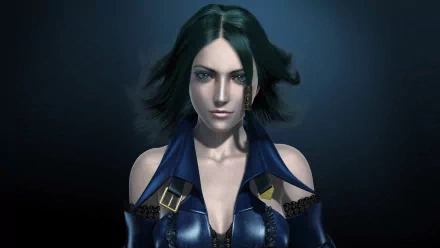 Alicia Claus from the video game Bullet Witch features in this HD CGI desktop wallpaper, showcasing a fierce character with a stylish blue outfit and flowing hair against a dark background.