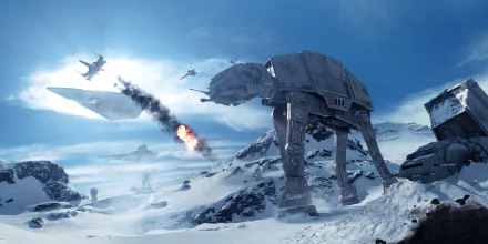 4K Ultra HD wallpaper featuring an intense Star Wars Battlefront (2015) battle with an AT-AT Walker, X-Wings, and a Star Destroyer in a snowy landscape.