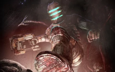 A striking HD desktop wallpaper featuring a character from the video game Dead Space, showcasing a dramatic and intense sci-fi atmosphere.