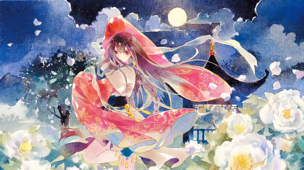 Yuezheng Ling (Vocaloid) in a flowing red kimono, ribbons and petals swirling under a full moon with peonies and a temple silhouette — HD anime PC desktop wallpaper/background.
