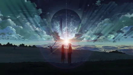 HD desktop wallpaper featuring Takaki Touno, Akari Shinohara from 5 Centimeters per Second, in front of a scenic background with silhouettes and a glowing orb, displaying Kobato anime elements.