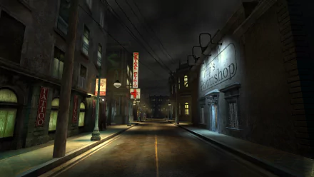 HD PC desktop wallpaper from the video game Vampire: The Masquerade - Bloodlines, depicting a dark, empty urban street scene at night with neon signs and shadows.