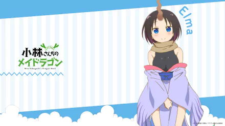 HD desktop wallpaper featuring Elma from Miss Kobayashi's Dragon Maid, standing against a blue and white striped background with clouds at the bottom.