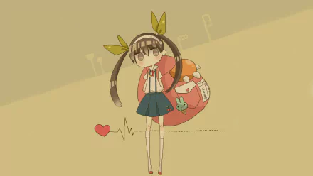 HD PC desktop wallpaper featuring Mayoi Hachikuji from the Monogatari series (Anime), standing with her backpack and a heart/heartbeat motif on a beige background.