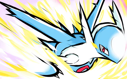 HD anime-style desktop wallpaper featuring Latios, the sleek blue and white Pokémon, depicted in dynamic motion with vibrant energy streaks.