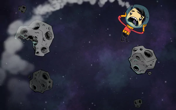 HD desktop wallpaper from Oxygen Not Included with a cartoon astronaut floating among asteroids against a starry space backdrop.