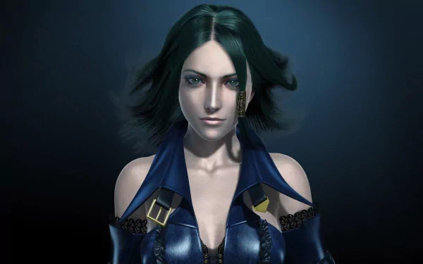 Alicia Claus from the video game Bullet Witch features in this HD CGI desktop wallpaper, showcasing a fierce character with a stylish blue outfit and flowing hair against a dark background.