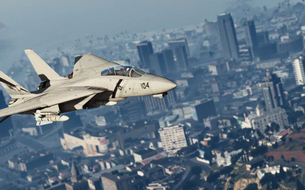 4K Ultra HD wallpaper featuring a Grumman F-14 Tomcat warplane jet fighter from the video game Grand Theft Auto V soaring over an urban cityscape.